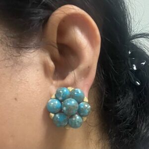 Vintage Crown Trifari EarringsClip On Turquoise Cabochon Cluster Alfred Philippe